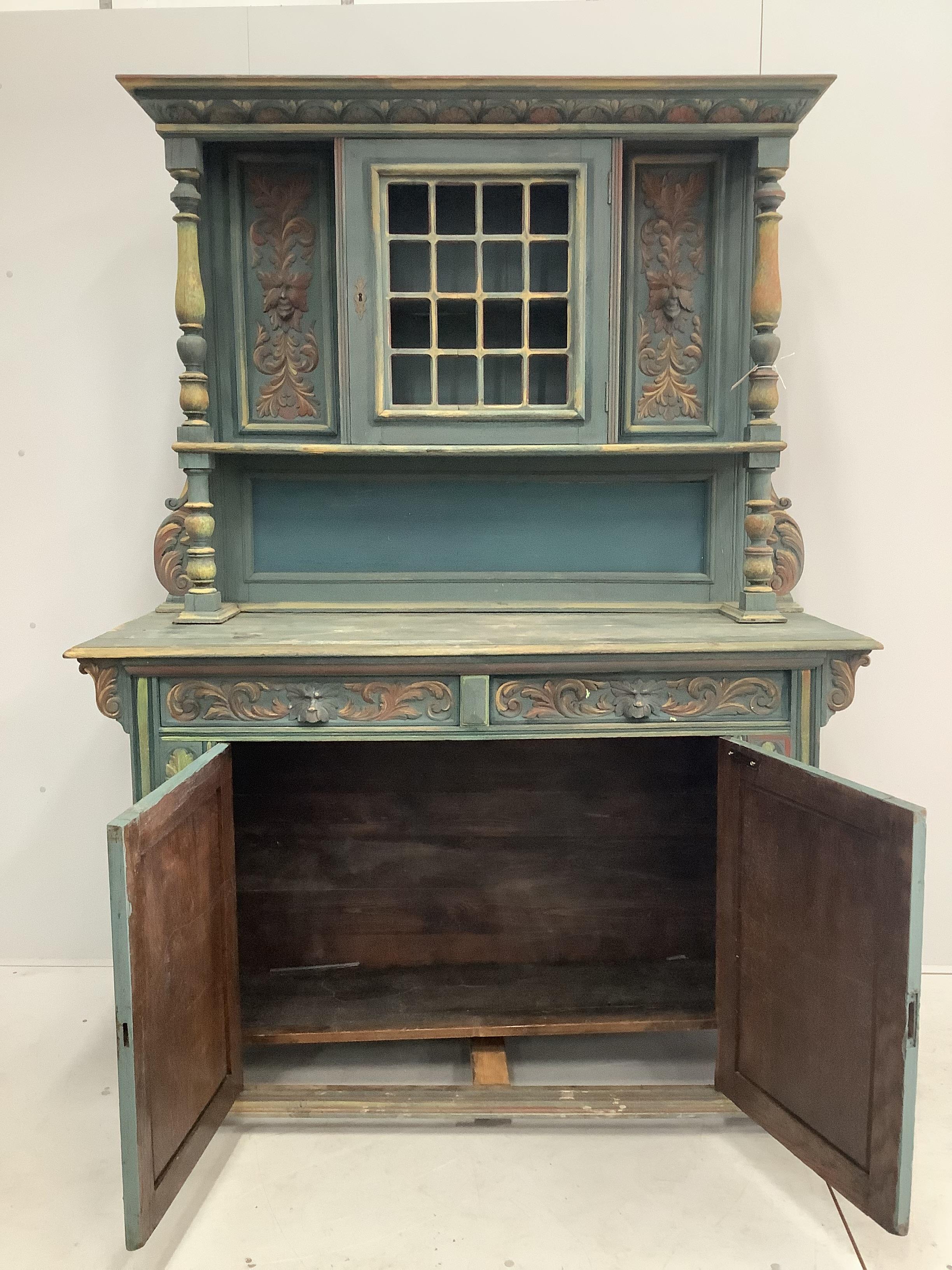 A Flemish oak side cabinet, later painted, width 151cm, depth 55cm, height 206cm